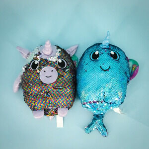 Shimmeez Arlo Narwhal Maggie Unicorn Reversible Sequin Plush Stuffed Animal